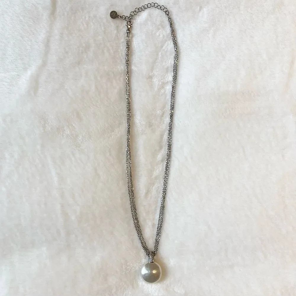 Majorica Sterling Silver Multi Strand Large Simulated Pearl Pendant Necklace